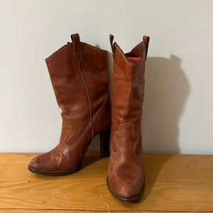 Leather high heel leather western boots